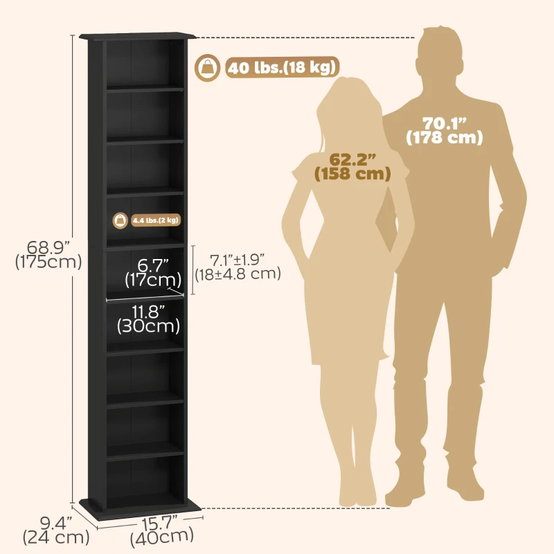 HOMCOM 9-Tier DVD Shelf with 7 Adjustable Shelves, Slim CD Shelf, Holds 252 CDs, 147 DVDs or 189 Blu-rays, Black