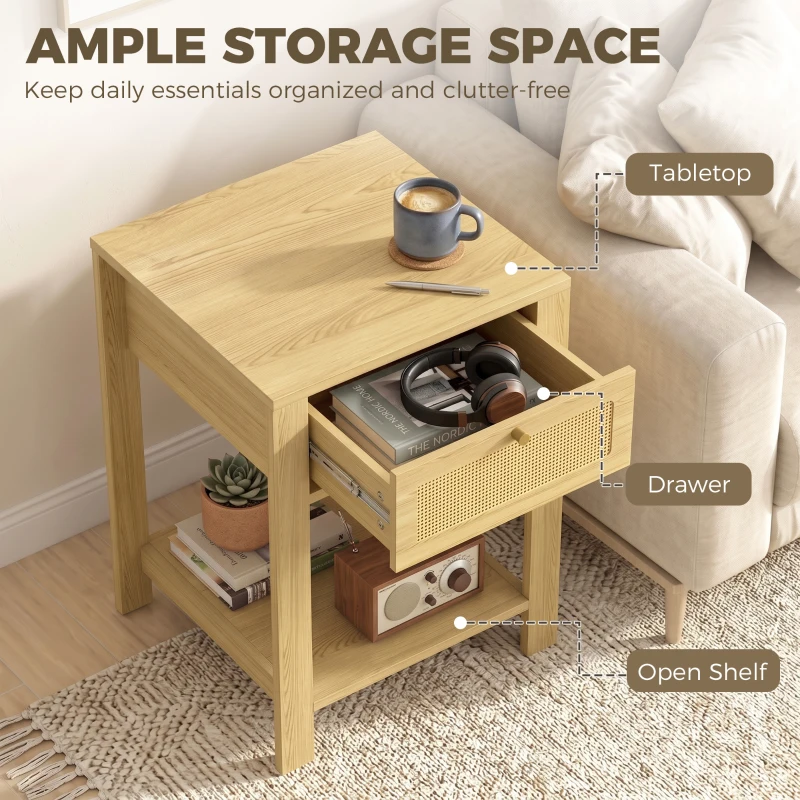 HOMCOM Boho Side Tables Set of 2, End Tables with Drawer and Open Shelf for Living Room, Natural Wood