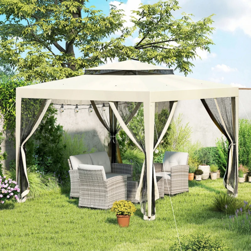 Outsunny 10' x 10' Canopy Tent, Party Tent with Mesh Netting and Double Tier Roof for Backyard, Garden, Patio, Outdoor, Beige