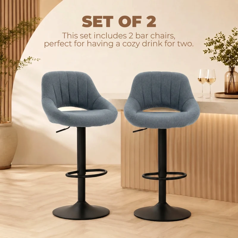 HOMCOM Swivel Bar Stools Set of 2, Linen Upholstered Counter Height Barstools with Round Metal Base