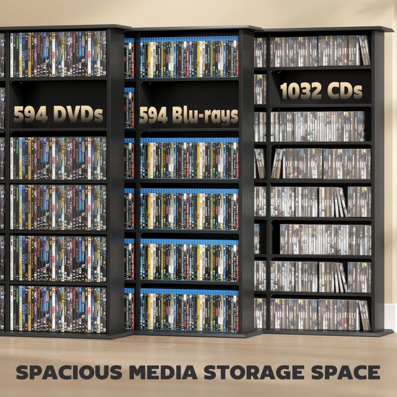 HOMCOM Media Storage Cabinet, 8-Tier DVD Shelf with 18 Adjustable Shelves, Holds 1032 CDs, 594 DVDs or Blu-rays, Black