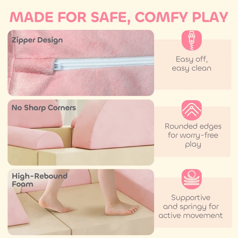 Qaba 12 PCS Modular Kids Play Couch, Child Sectional Sofa for Toddlers, Convertible Foam and Floor Cushion, Pink
