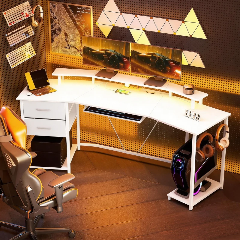 HOMCOM 79 inch Gaming Desk with RGB Lights, Computer Table with Power Outlets & USB Ports, Keyboard Tray and 2 Drawers, White