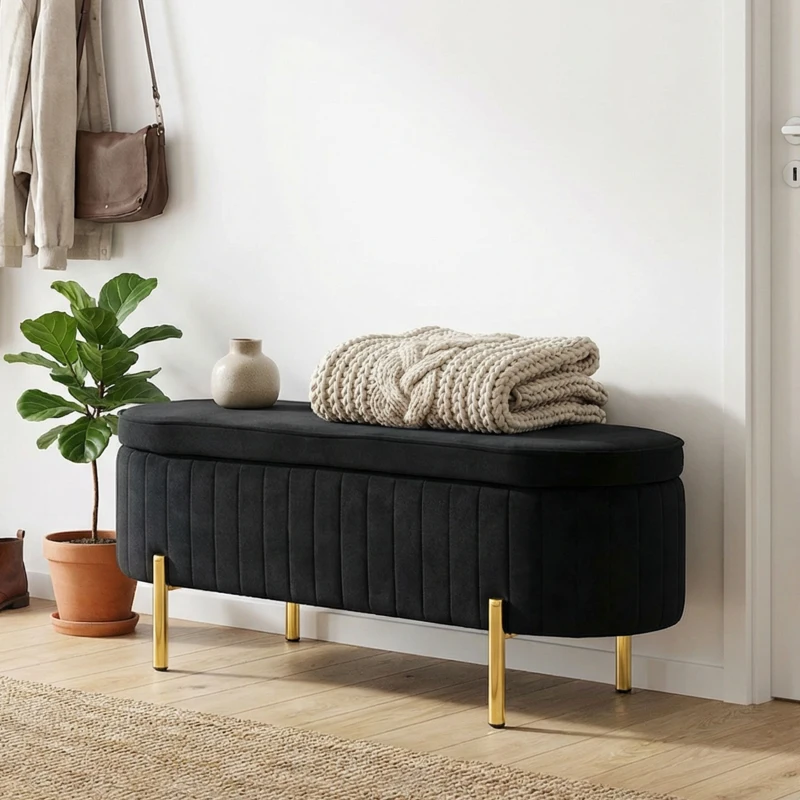 HOMCOM Upholstered Bedroom Bench, Channel Tufted Ottoman Bench with Thick Padding and Metal Legs, Black