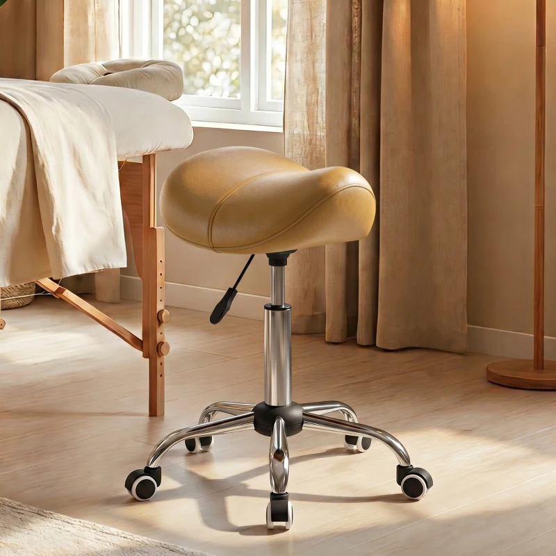 HOMCOM Adjustable PU Leather Saddle Chair with 360° Swivel, Healthy Posture, Saddle Chair for Massage Home Office, Light Brown