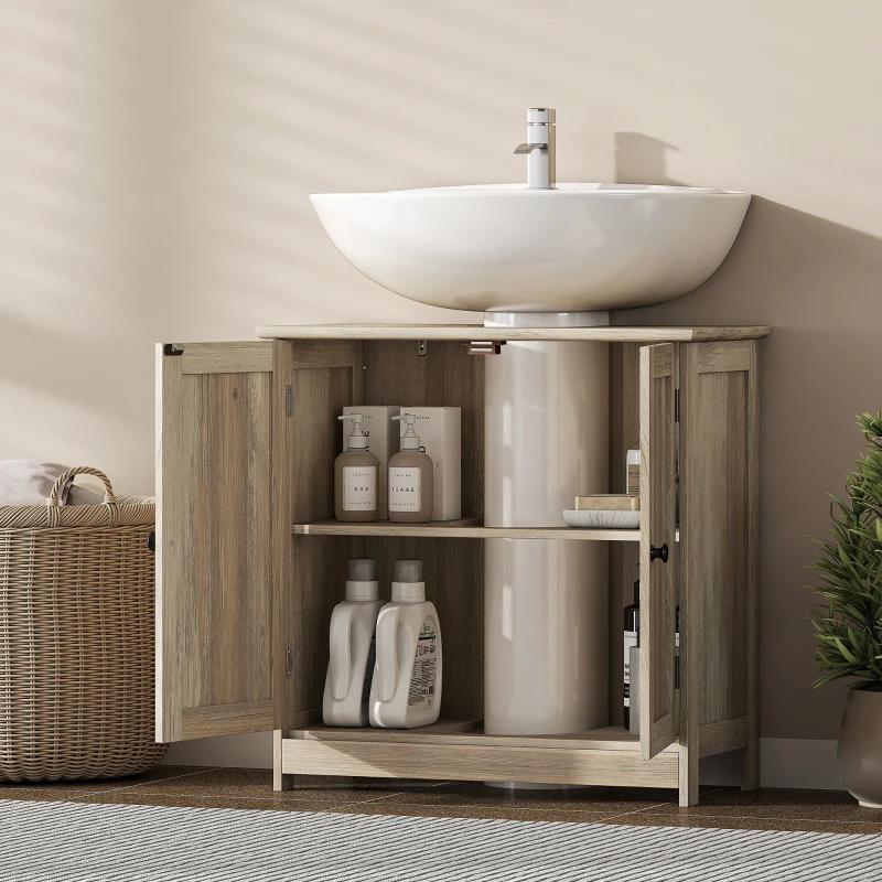 HOMCOM Bathroom Vanity Cabinet, Under Sink Bathroom Cabinet with 2 Doors and Adjustable Shelf, Weathered Gray Oak