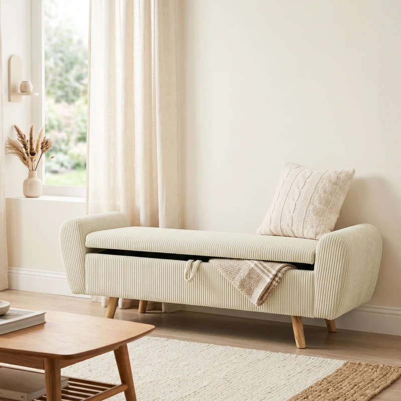 HOMCOM Storage Ottoman, 59" Corduroy End of Bed Storage Bench for King Size Bed with Wooden Legs and Rolled Arms, Beige