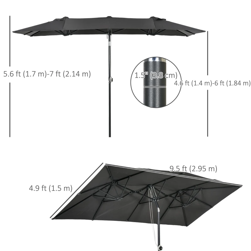 Outsunny Double-Sided Patio Umbrella Parasol with Tilt, Adjustable Height, Vents and 12 Ribs, for Garden, Deck, Grey