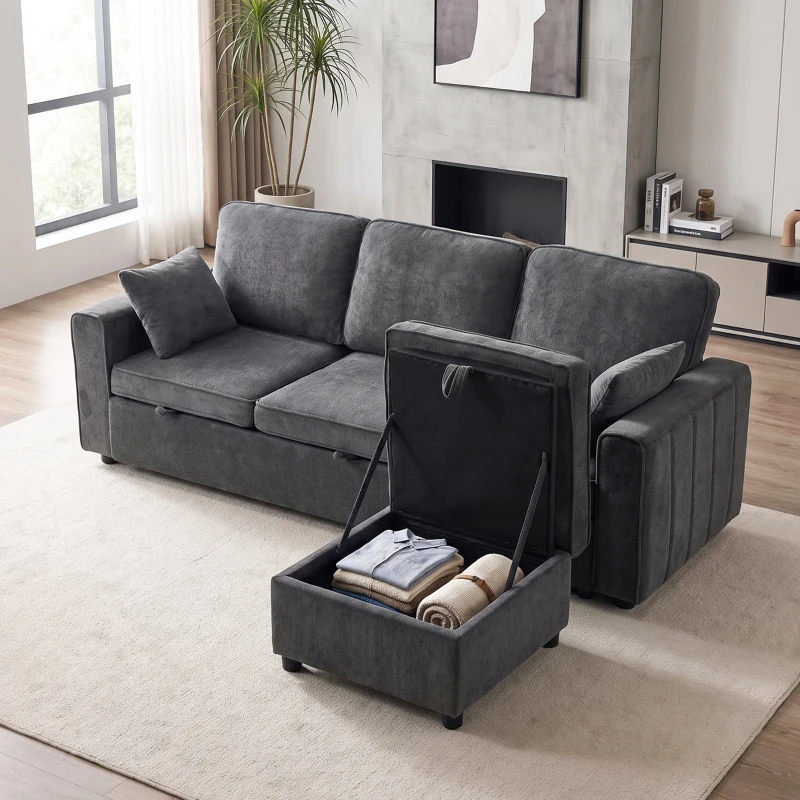 HOMCOM Modular Sectional Sofa Bed with Reversible Storage Ottoman, Pull Out Sleeper Sofa with Spring Cushion, Dark Grey