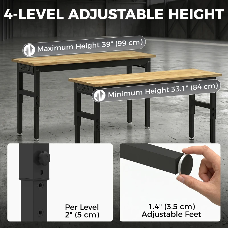 HOMCOM 60" Adjustable Workbench, Heavy Duty Work Table with Rubber Wood Top, Power Outlets, Pegboard, 2000 LBS Capacity