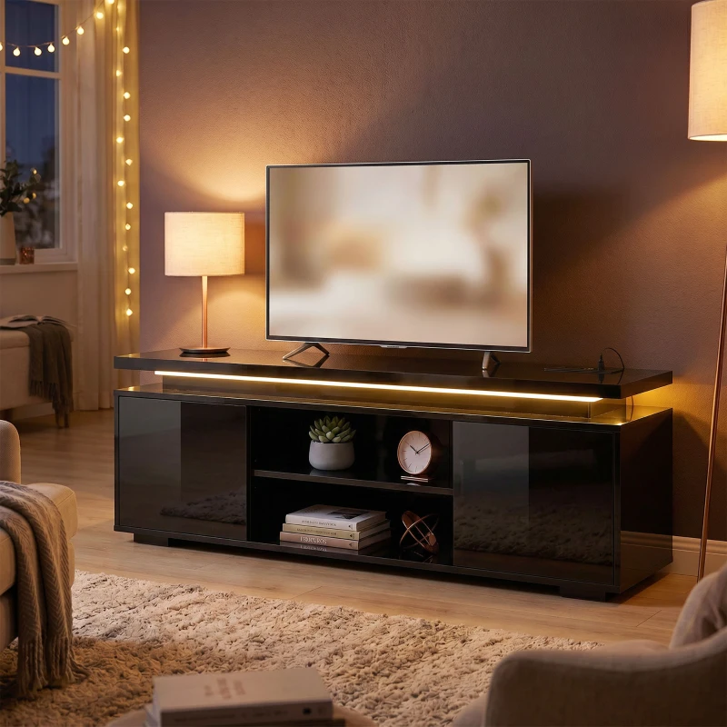 HOMCOM TV Stand for TVs up to 60 Inch, Modern Entertainment Center with LED Lights and Power Outlets, High Gloss Black