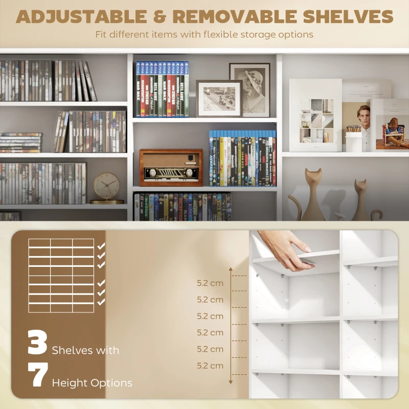 HOMCOM Media Storage Cabinet, 8-Tier DVD Shelf with 18 Adjustable Shelves, Holds 1032 CDs, 594 DVDs or Blu-rays, White
