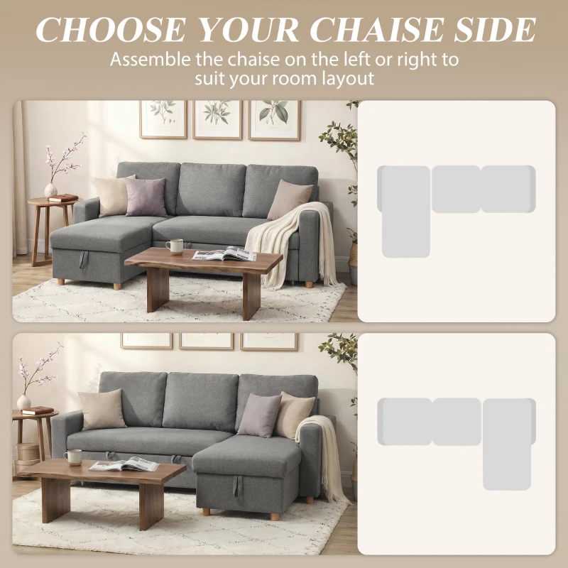 HOMCOM 83" Sofa Bed, Pull Out Sleeper L Shaped Sectional Couch with Reversible Storage Chaise, Wide and Deep Seat, Light Grey