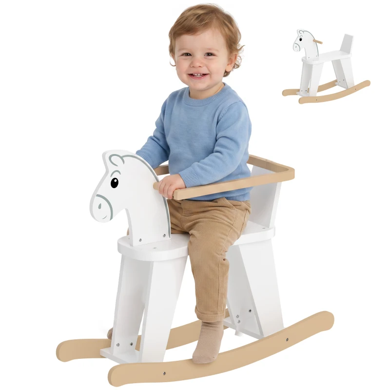 Qaba Rocking Horse, 2 in 1 Ride on Horse with Removable Fence, No-Tip Design, Gift for Toddlers 1.5-3 Years, White
