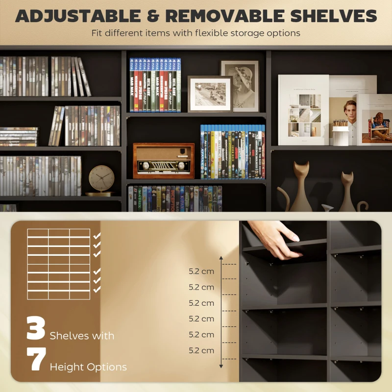 HOMCOM Media Storage Cabinet, 8-Tier DVD Shelf with 18 Adjustable Shelves, Holds 1032 CDs, 594 DVDs or Blu-rays, Black