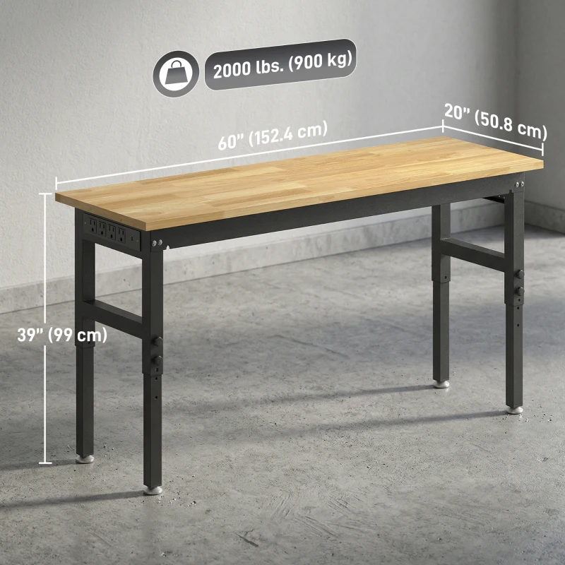 HOMCOM 60" Adjustable Workbench, Heavy Duty Work Table with Rubber Wood Top, Power Outlets, Pegboard, 2000 LBS Capacity