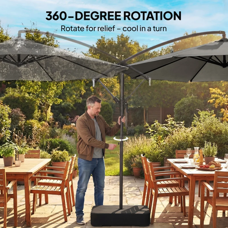 Outsunny 9.6 ft Offset Patio Umbrella with Sandbag, Garden Hanging Banana Cantilever Parasol with 360° Rotation, Grey