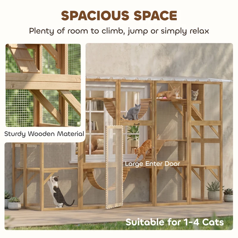 PawHut Catio Playground Cat Window Box Outside Enclosure for Multiple Cats w/ Shelves & Bridges, Yellow