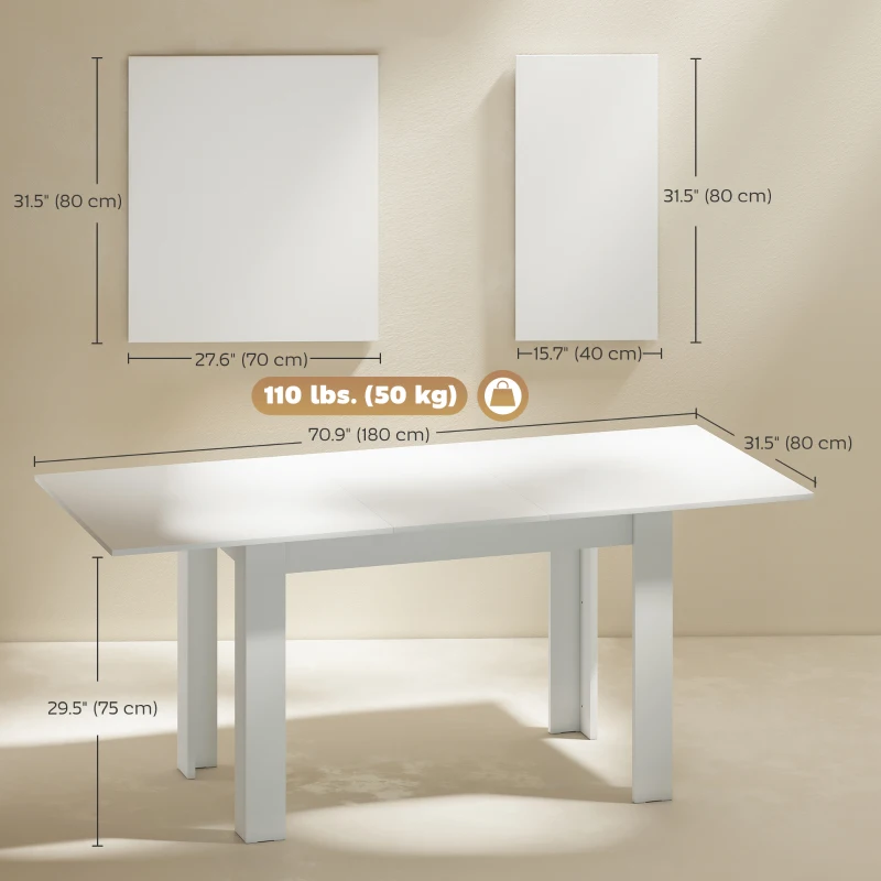 HOMCOM Modern Extendable Dining Table, 55.1 x 31.5 in, for 6-8 People, Expandable Dining Table for Kitchen, White