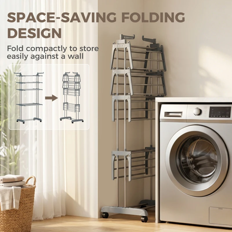 HOMCOM 5-Tier Clothes Drying Rack, Foldable Laundry Drying Rack with Wheels, Side Wings, Grey
