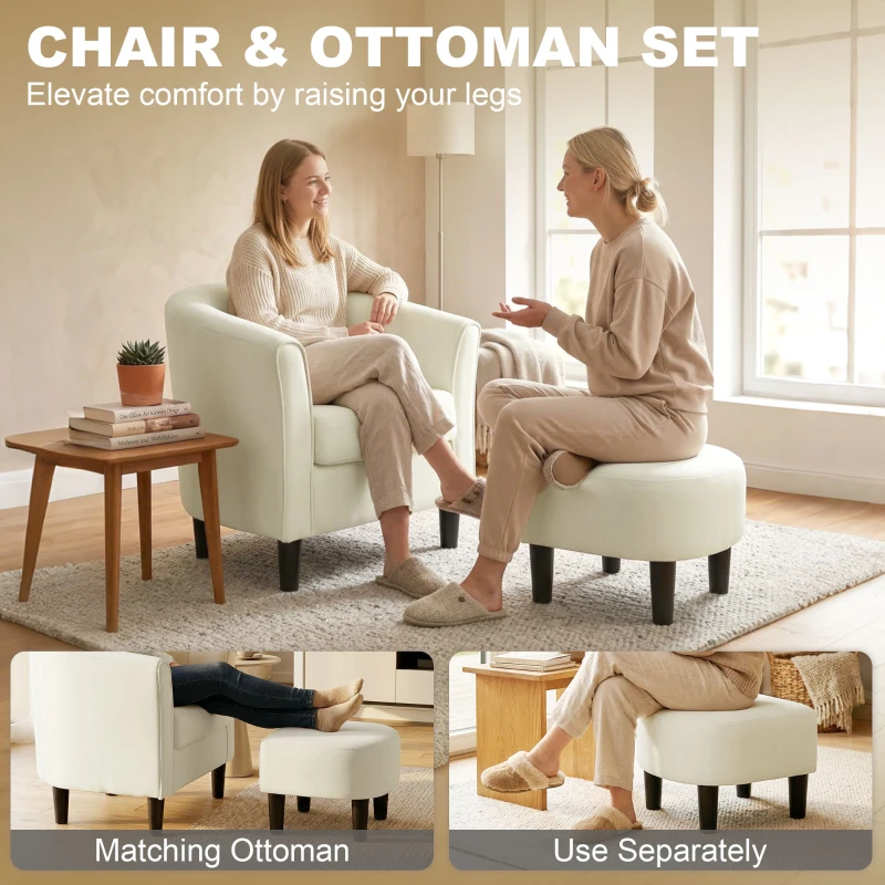 HOMCOM Accent Chair Modern Upholstered Living Room Chair with Ottoman and Pocket Spring Cushion Cream White