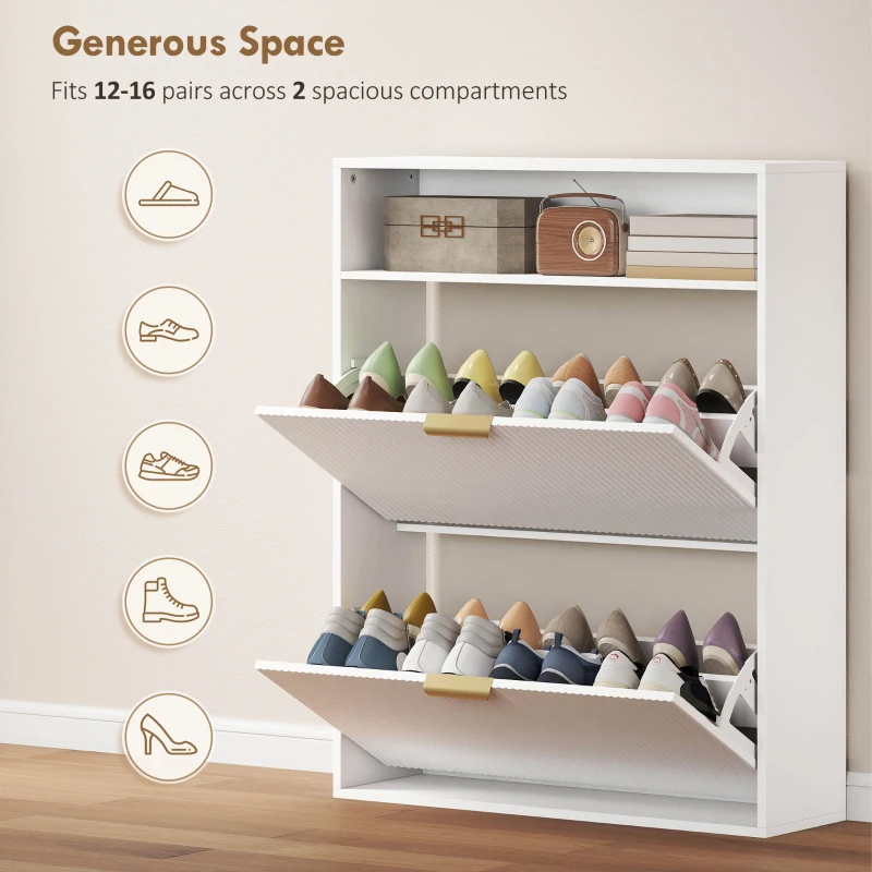 HOMCOM Shoe Cabinet with 2 Flip Drawers Narrow Shoe Storage Cabinet with Top Shelf for Entryway Hallway White