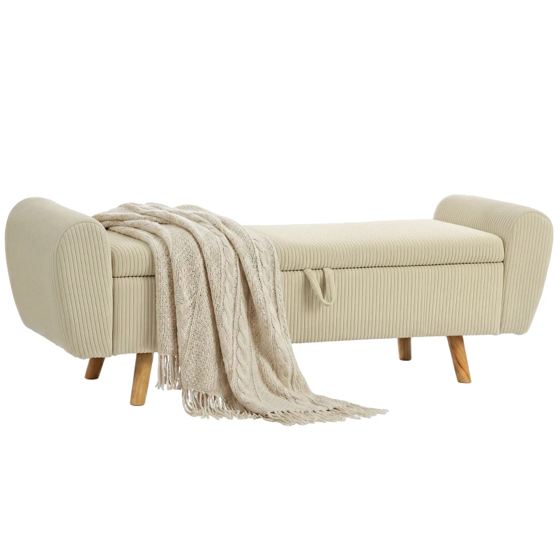 HOMCOM Storage Ottoman, 59" Corduroy End of Bed Storage Bench for King Size Bed with Wooden Legs and Rolled Arms, Beige