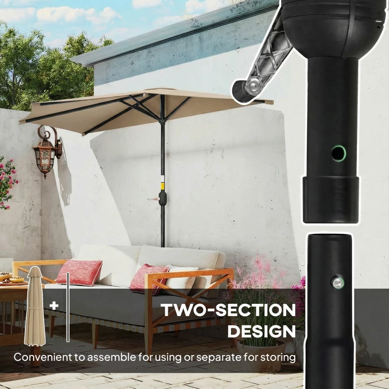 Outsunny 9.8ft Half Umbrella Semi Round Patio Parasol with Crank Handle, Top Vent for Garden, Balcony- NO BASE INCLUDED, Coffee