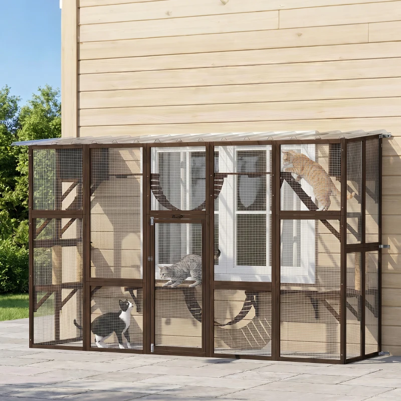 PawHut Catio Playground Cat Window Box Outside Enclosure for Multiple Cats w/ Shelves & Bridges, Coffee Brown