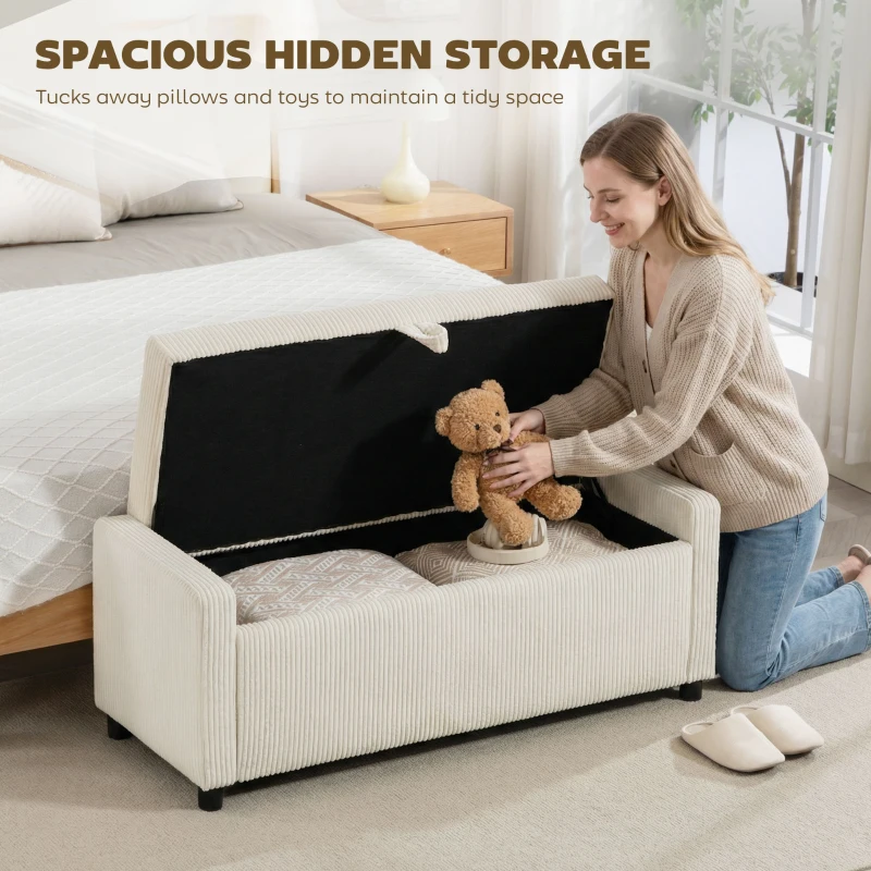 HOMCOM Storage Ottoman, Upholstered Corduroy End of Bed Bench with Thick Padding, Storage Bench for Bedroom, Beige