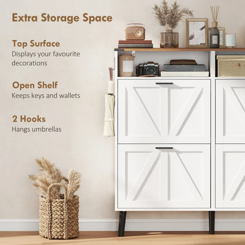 HOMCOM Shoe Storage Cabinet with 4 Flip Drawers, Farmhouse Narrow Shoe Cabinet, Holds Up to 24 Pairs, White