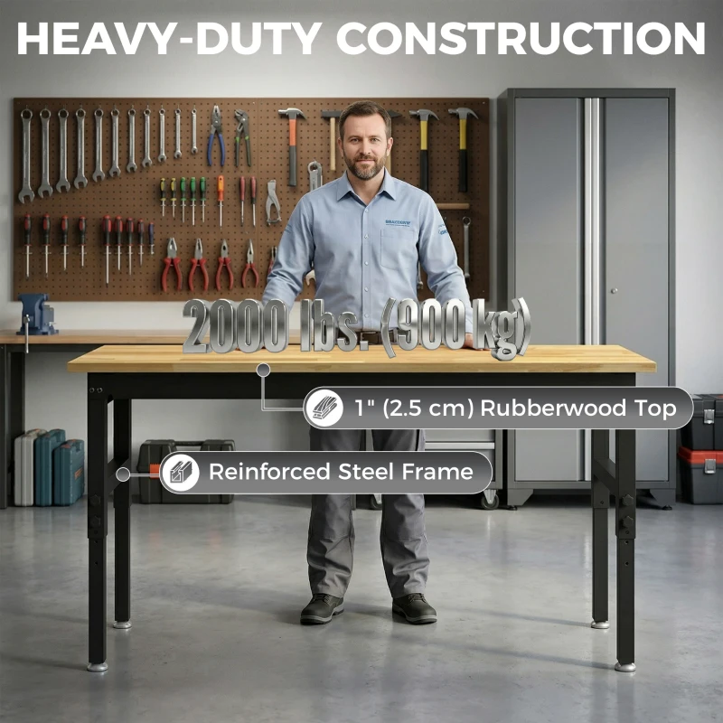 HOMCOM 60" Adjustable Workbench, Heavy Duty Work Table with Rubber Wood Top, Power Outlets, Pegboard, 2000 LBS Capacity