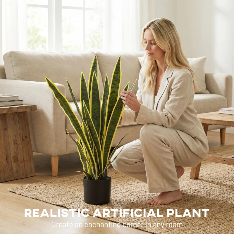 Outsunny 30" Artificial Snake Plant with 21 Leaves in Pot, Decorative Fake Plant for Home, Office, and Living Room, Green