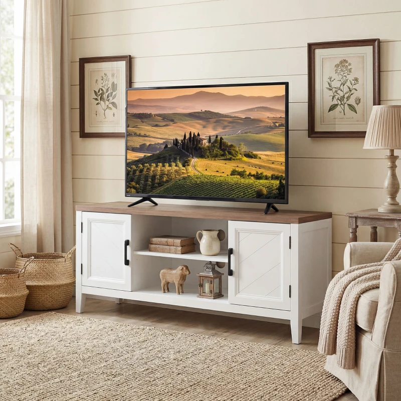 HOMCOM TV Stand for TVs up to 55 Inch, Entertainment Center with 2 Open Shelves, 2 Cabinets, Thick Top, White and Brown