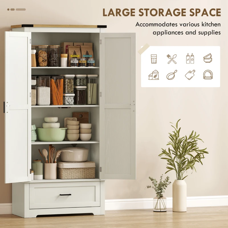 HOMCOM 69" Tall Farmhouse Kitchen Pantry Cabinet with 2 Doors, Drawer and Adjustable Shelves, Cream White
