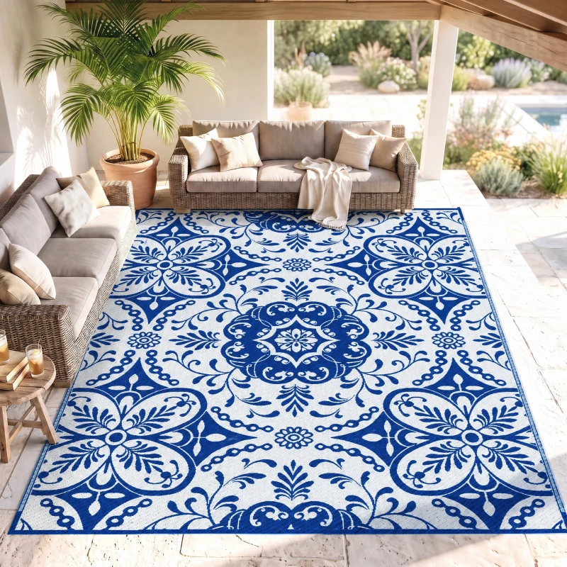 Outsunny Outdoor Rug for Patio, 9' x 12' Waterproof Large Mat, Reversible Plastic Straw Rug for Decor, Portable Outside RV Camping Area Carpet Mat for Backyard Porch Deck Picnic, Blue & White Floral