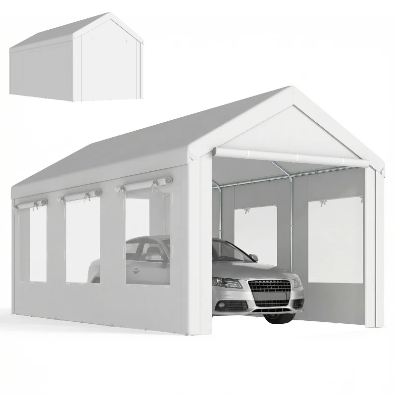 Outsunny 10' x 20' Heavy Duty Carport, Height Adjustable Portable Garage Car Canopy Tent Shelter with Doors, Windows, White