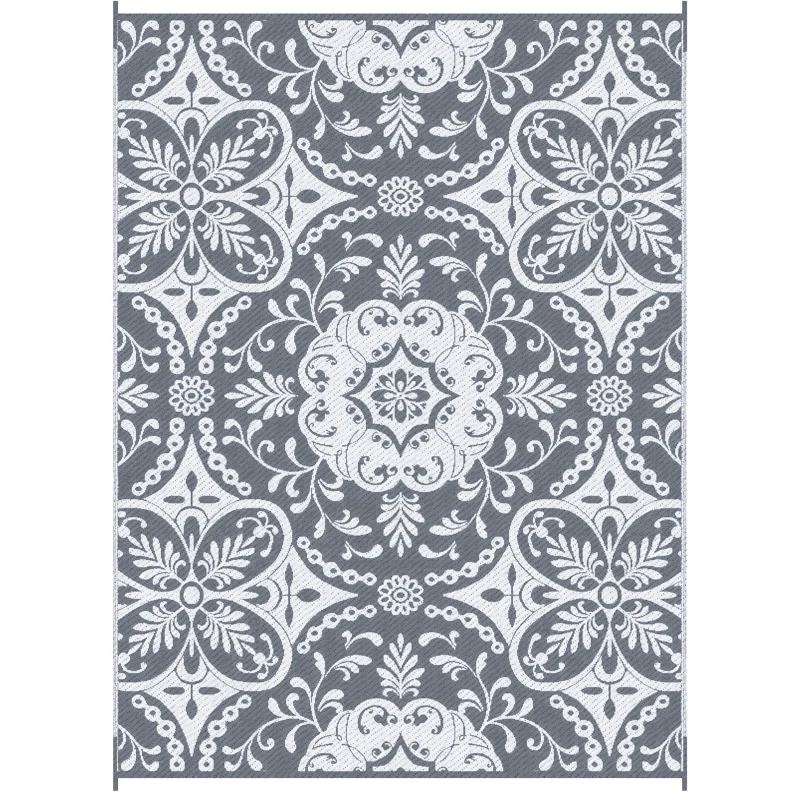 Outsunny Portable Outdoor Rug with Carry Bag, 9' x 12' Reversible Mat, Waterproof Plastic Straw RV Rug for Backyard, Deck, Picnic, Beach, Camping, Gray & White Flower