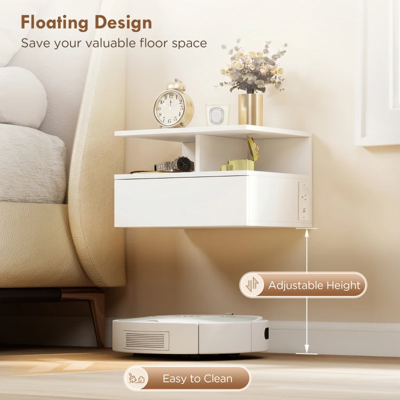 HOMCOM Floating Nightstand Set of 2, Wall Mounted Bedside Table with with Power Outlets, Drawer and Shelf, White