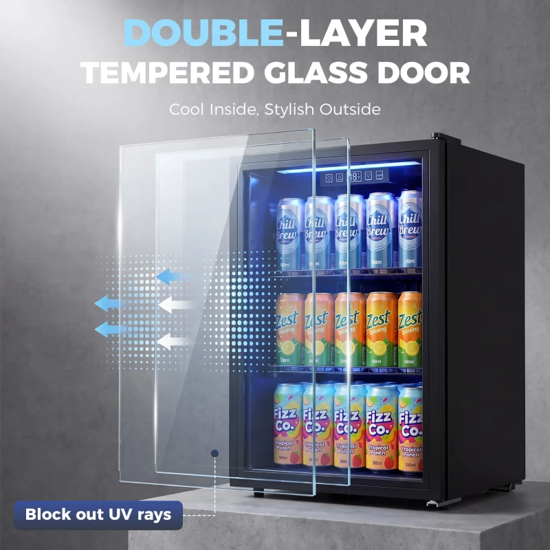 HOMCOM 2.4 Cu.Ft Beverage Refrigerator, 70 Can Beverage Fridge Cooler with Double-Layer Glass Door