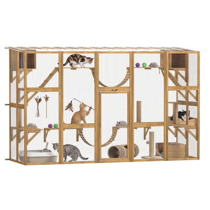 PawHut Catio Playground Cat Window Box Outside Enclosure for Multiple Cats w/ Shelves & Bridges, Yellow