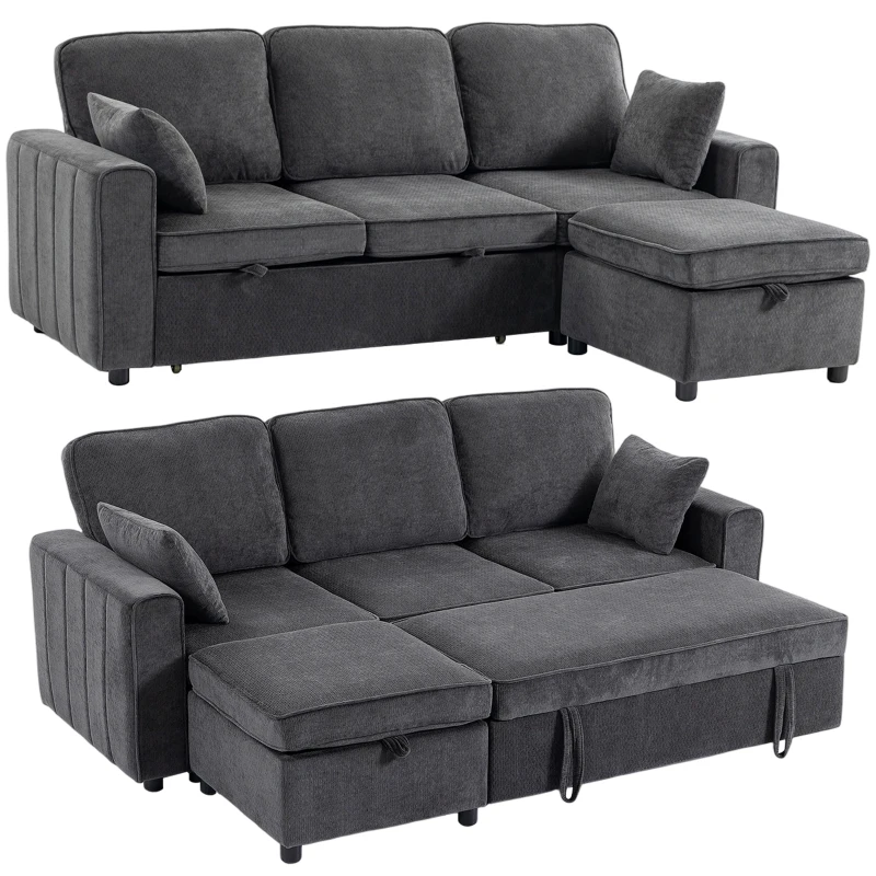 HOMCOM Modular Sectional Sofa Bed with Reversible Storage Ottoman, Pull Out Sleeper Sofa with Spring Cushion, Dark Grey