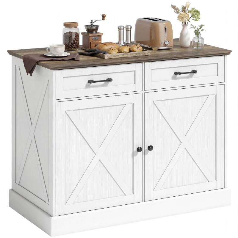 HOMCOM Kitchen Island with Sitting Space, Sideboard Cabinet with 2 Drawers and 2 Adjustable Shelves for Dining Room, White