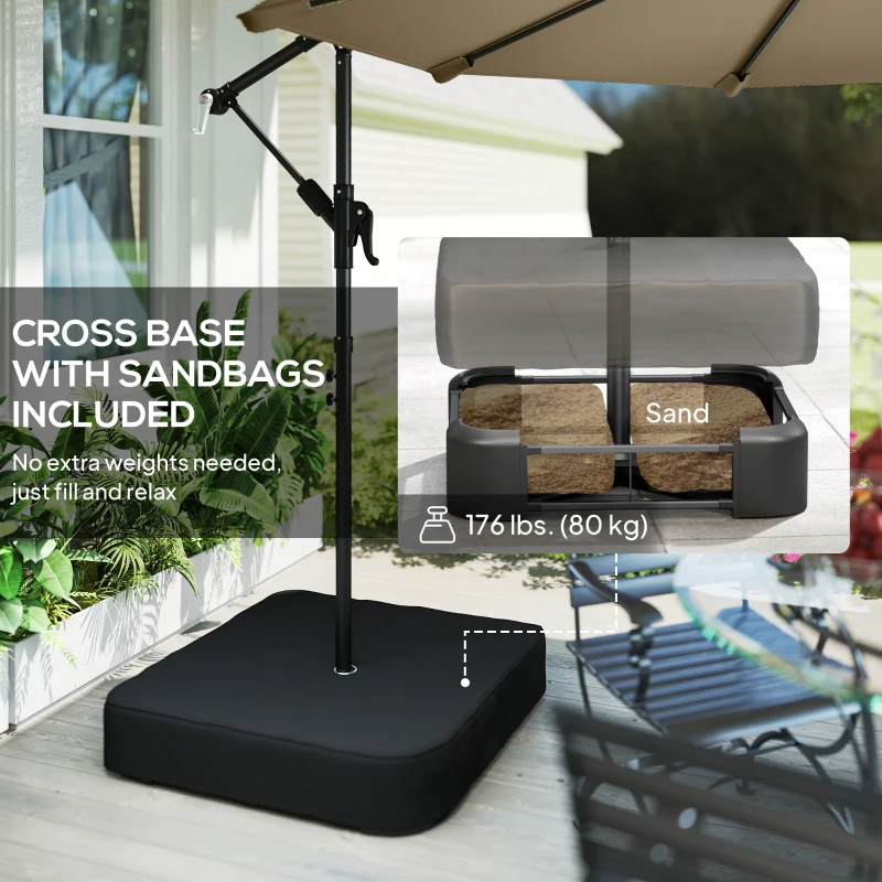 Outsunny 9.6 ft Offset Patio Umbrella with Sandbag, Garden Hanging Banana Cantilever Parasol with 360° Rotation, Khaki