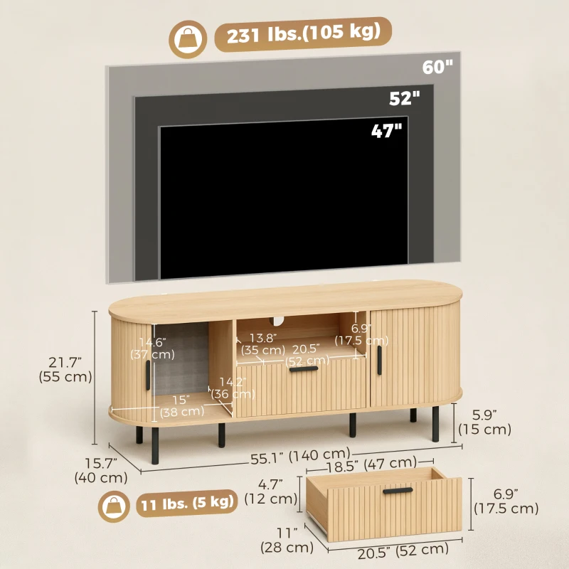HOMCOM TV Stand for TVs up to 60", Modern Entertainment Center with Curved Sliding Doors and Storage, Natural Wood
