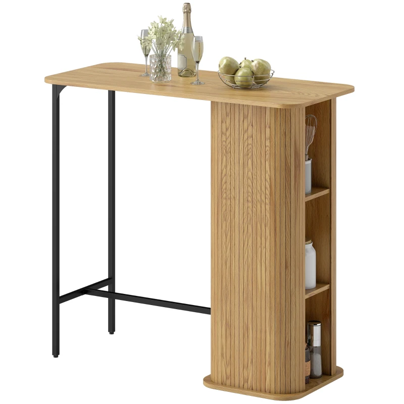 HOMCOM Tambour Bar Height Table with 3 Storage Shelves Rectangular Bar Table with Metal Frame for Kitchen Dining Room Natural