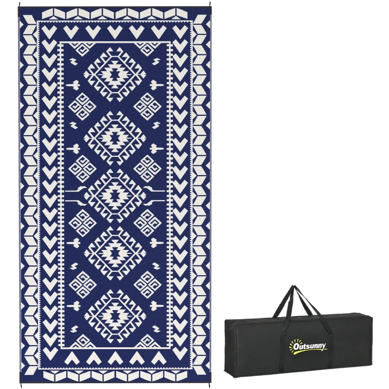 Outsunny Reversible Outdoor Rug, Waterproof Plastic Straw with Carry Bag, 9' x 18', Blue & White Rhombus Patchwork
