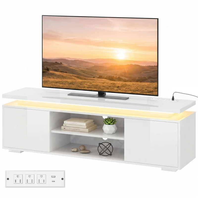 HOMCOM TV Stand for TVs up to 60 Inch, Modern Entertainment Center with LED Lights and Power Outlets, High Gloss White