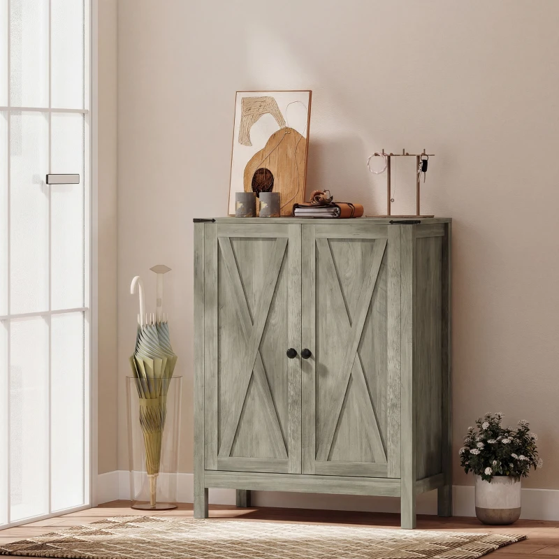 HOMCOM Shoe Cabinet with Barn Doors, Farmhouse Shoe Storage Cabinet with Adjustable Shelves, Holds up to 15 Pairs, Grey