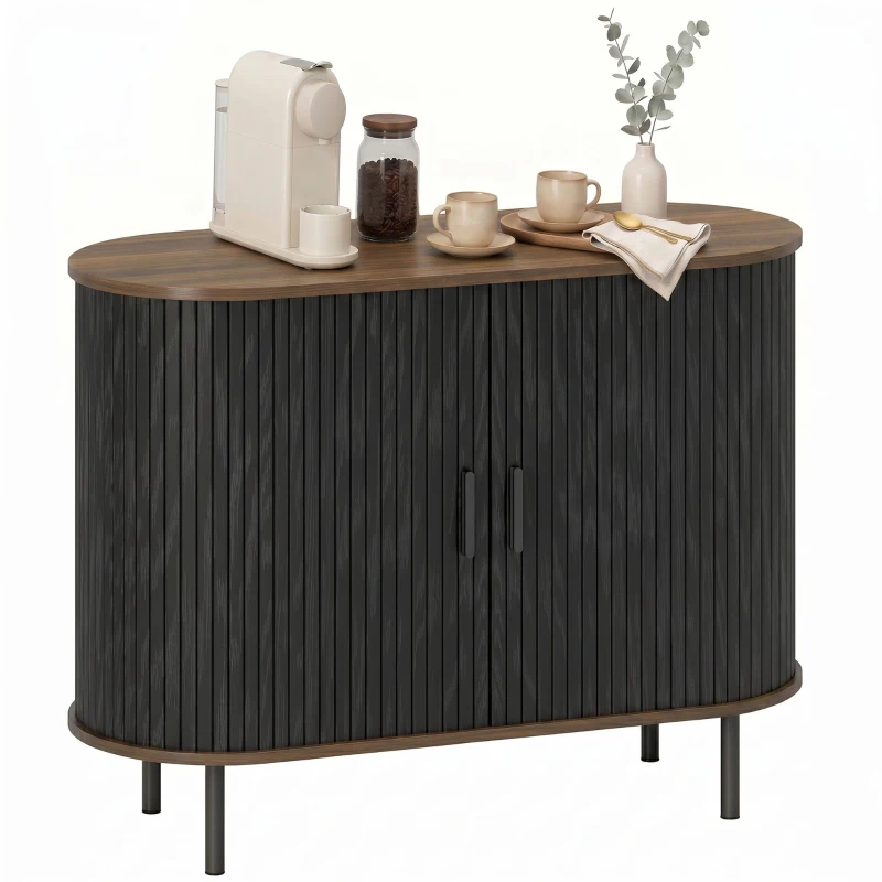 HOMCOM Sideboard Buffet Cabinet with Curved Tambour Doors and Storage, Brown Wood Grain
